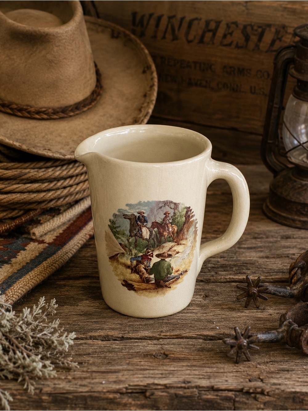 Shaker & Thangs Vintage Pottery Pitcher Western Cowboy Scene Ivory 16.25” X 4.5”